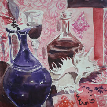 Ζωγραφική με τίτλο "Nature morte rose" από Diane Medus, Αυθεντικά έργα τέχνης, Ακουαρέλα