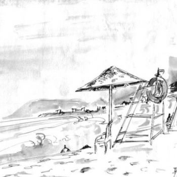 Peinture intitulée "La plage à Smir" par Diane Medus, Œuvre d'art originale, Encre