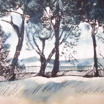 Painting titled "Nice, le Parc du Vi…" by Diane Medus, Original Artwork, Ink