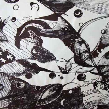Drawing titled "L'oiseau cosmique,…" by Diane Medus, Original Artwork, Ink