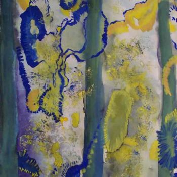 Painting titled "Bleu, vert et jaune" by Diane Medus, Original Artwork, Ink