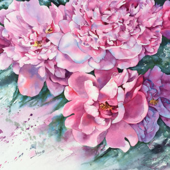 Peinture intitulée "Mes pivoines" par Diane Beaulieu, Œuvre d'art originale, Aquarelle