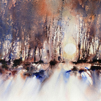 Peinture intitulée "Crépuscule hivernal" par Diane Beaulieu, Œuvre d'art originale, Aquarelle