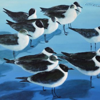 Painting titled "Mouettes en bleu" by Diane Luce, Original Artwork, Acrylic Mounted on Wood Stretcher frame