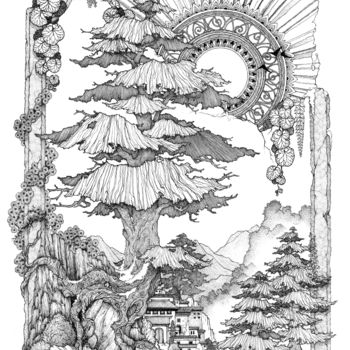 Dessin intitulée "Le cèdre du Tibet" par Didier Fleurantin, Œuvre d'art originale, Encre