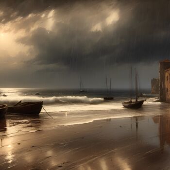 Digitale Kunst mit dem Titel "A Rainy Coast" von Didier Pistol, Original-Kunstwerk, KI-generiertes Bild