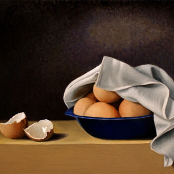Painting titled "Blue Bowl And Eggs" by Dietrich Moravec, Original Artwork, Oil