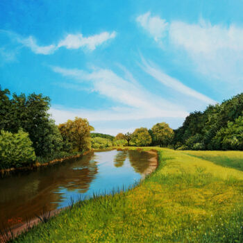 Schilderij getiteld "Green Riverbank" door Dietrich Moravec, Origineel Kunstwerk, Acryl