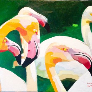 Painting titled ""Les flamants roses…" by Francis Diez, Original Artwork, Oil