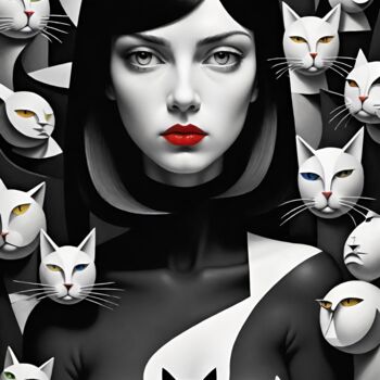 Arts numériques intitulée "Donna con gatti #02" par Digitalai, Œuvre d'art originale, Image générée par l'IA
