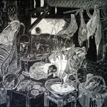 Druckgrafik mit dem Titel "Fleischerbude (nach…" von August Di Lena, Original-Kunstwerk, Monotypie