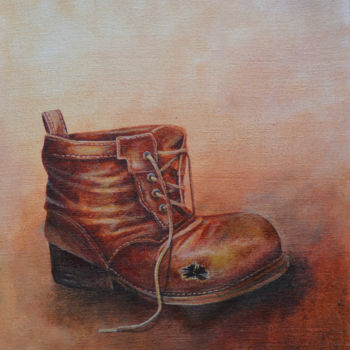 Painting titled "Dad’s old Boot" by Dilrukshi Chandrika, Original Artwork, Acrylic Mounted on Wood Stretcher frame