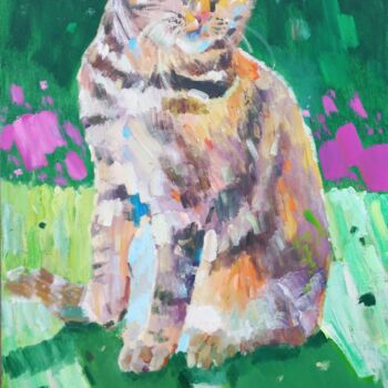 Schilderij getiteld "FAVORITE CAT" door Dilshod Khudayorov, Origineel Kunstwerk, Olie Gemonteerd op Frame voor houten branca…