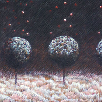 Painting titled "Landscape with tree" by Dimas Fantomas, Original Artwork, Tempera Mounted on Wood Stretcher frame