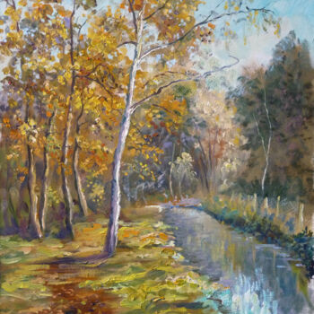 Painting titled "Canal et bouleau" by Dimitri Sinyavsky, Original Artwork, Oil