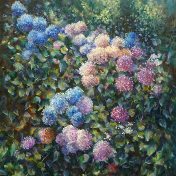 Schilderij getiteld "Hortensias du jardi…" door Dimitri Sinyavsky, Origineel Kunstwerk, Olie
