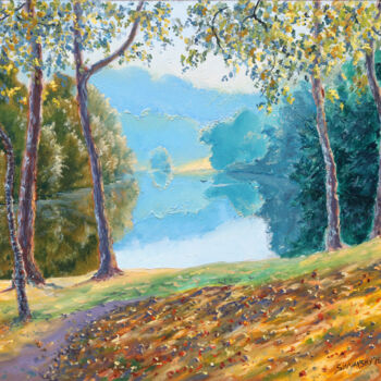 Malarstwo zatytułowany „Lac en brume” autorstwa Dimitri Sinyavsky, Oryginalna praca, Olej