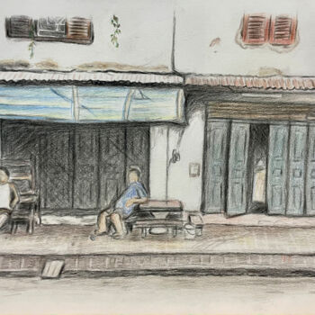 Dessin intitulée ""La vie à Luang Pra…" par Dimitri Vincent, Œuvre d'art originale, Crayon
