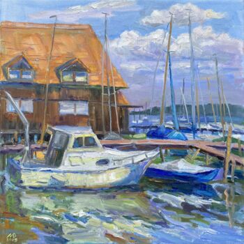 Painting titled "Boats on the pier.…" by Dina Marholina, Original Artwork, Oil