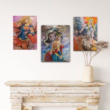 Painting titled "triptych woman" by Dina Telesheva, Original Artwork, Acrylic Mounted on Cardboard