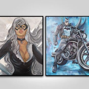 Картина под названием "batman and catwoman" - Dina Telesheva, Подлинное произведение искусства, Акрил Установлен на Деревянн…