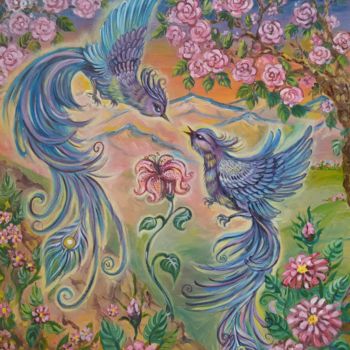 Painting titled "Beautiful birds in…" by Dinara Suleeva, Original Artwork, Oil