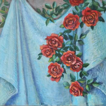Картина под названием "Roses and Textile" - Dinara Kalashnikova, Подлинное произведение искусства, Масло