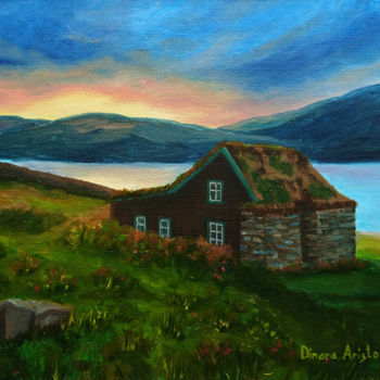 Painting titled "House by the lake" by Dinara Aristo, Original Artwork, Oil