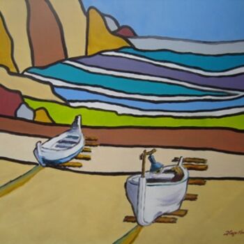Картина под названием "Barcos na praia (bo…" - Diogo Mariscal, Подлинное произведение искусства, Масло Установлен на Деревян…