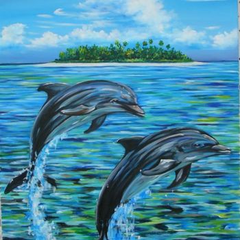 Painting titled "Dolphins Jumping" by Dion Lewis, Original Artwork, Oil