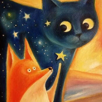 Peinture intitulée "Лис и кот Ночь" par Tatiana Belousova, Œuvre d'art originale, Huile