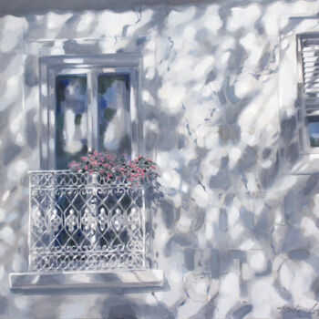 Painting titled "French balcony" by Dita Lūse, Original Artwork, Oil Mounted on Wood Stretcher frame