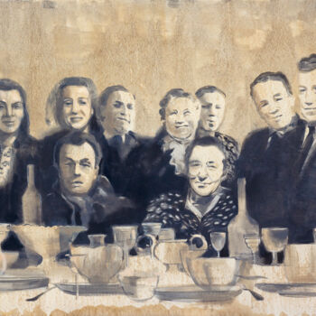 Painting titled "Post-War Reunion" by Dita Lūse, Original Artwork, Oil Mounted on Wood Stretcher frame