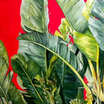 Painting titled "Palm leaves" by Ditim, Original Artwork, Oil Mounted on Wood Stretcher frame