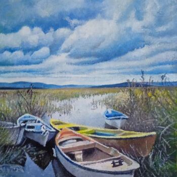 Peinture intitulée "bateaux sur le lac…" par Djamel Baouali, Œuvre d'art originale, Huile