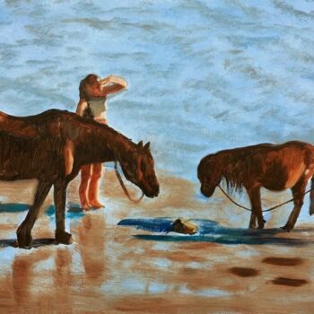 Malerei mit dem Titel "Beach Scene" von Djamel Eddine Hafis, Original-Kunstwerk, Öl