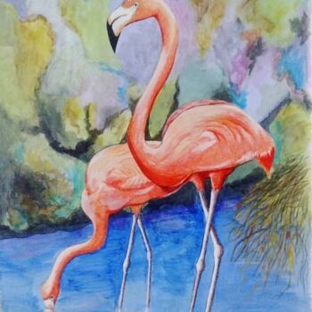 「Flamingo」というタイトルの絵画 Djamel Eddine Mebrekによって, オリジナルのアートワーク, 水彩画