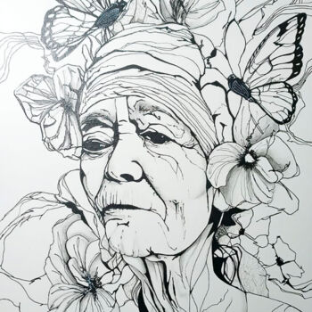 Peinture intitulée "VERY OLD WOMAN" par Dla.Llera, Œuvre d'art originale, Encre