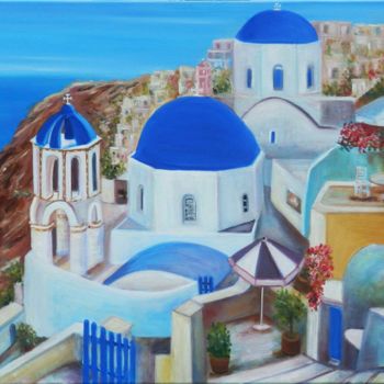 Painting titled "ile grecque" by D Laure, Original Artwork, Oil Mounted on Wood Stretcher frame