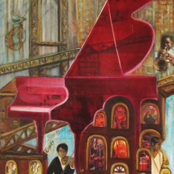 Painting titled "New York Music et A…" by D Laure, Original Artwork, Oil Mounted on Wood Stretcher frame