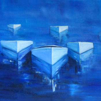Peinture intitulée "barques-a-l-aube.jpg" par D Laure, Œuvre d'art originale, Huile
