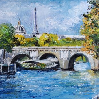 Painting titled ""On the Seine River…" by Andre, Yary, & Peter Dluhos, Original Artwork, Oil Mounted on Wood Panel