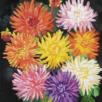 Painting titled ""Dahlias" by YARY D…" by Andre, Yary, & Peter Dluhos, Original Artwork, Oil Mounted on Wood Panel