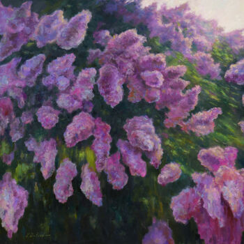 Peinture intitulée "Blooming Lilac Bush…" par Nikolay Dmitriev, Œuvre d'art originale, Huile Monté sur Châssis en bois