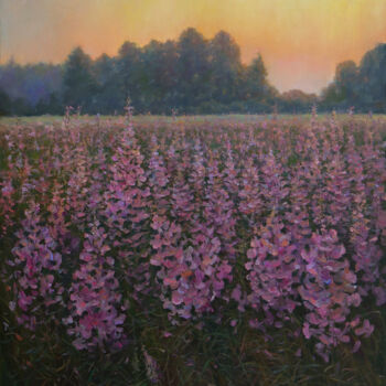 Painting titled "The Fireweed Field.…" by Nikolay Dmitriev, Original Artwork, Oil Mounted on Wood Stretcher frame
