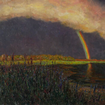 Pittura intitolato "Rainbow landscape p…" da Nikolay Dmitriev, Opera d'arte originale, Olio Montato su Cartone