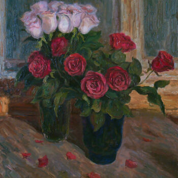 Painting titled "Roses - roses still…" by Nikolay Dmitriev, Original Artwork, Oil Mounted on Wood Stretcher frame