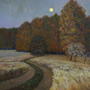 Painting titled "Moon Rise - autumn…" by Nikolay Dmitriev, Original Artwork, Oil Mounted on Wood Stretcher frame