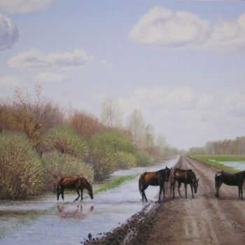 「Весна,лошади」というタイトルの絵画 Дмитрий Репинによって, オリジナルのアートワーク, オイル