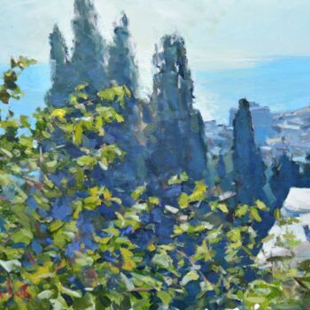 Pintura intitulada "cypresses under the…" por Dmitrii Pashkov, Obras de arte originais, Óleo